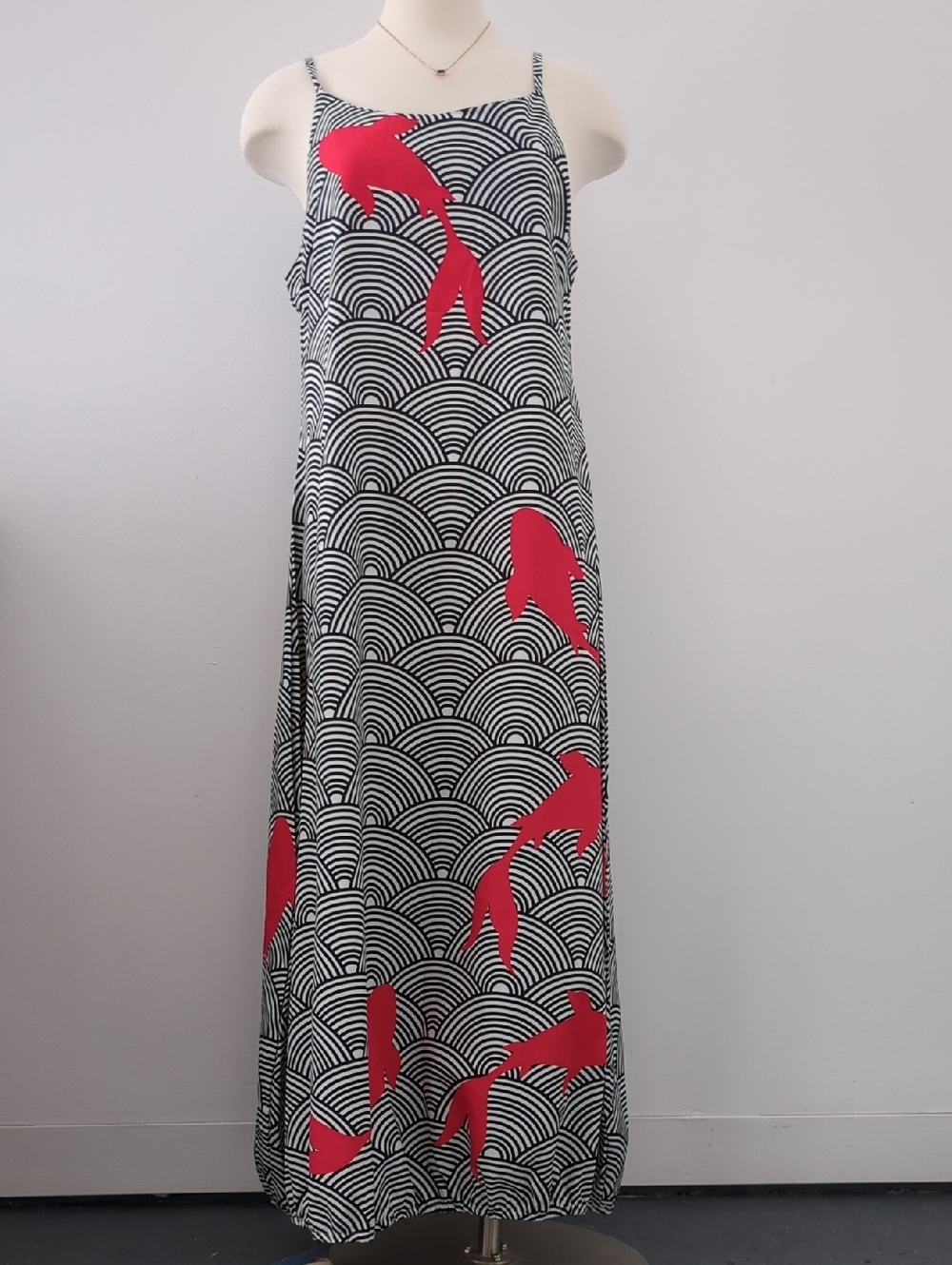 Spaghetti-Strap Maxi Dress with Black & White Wave Print and Red Koi Motif